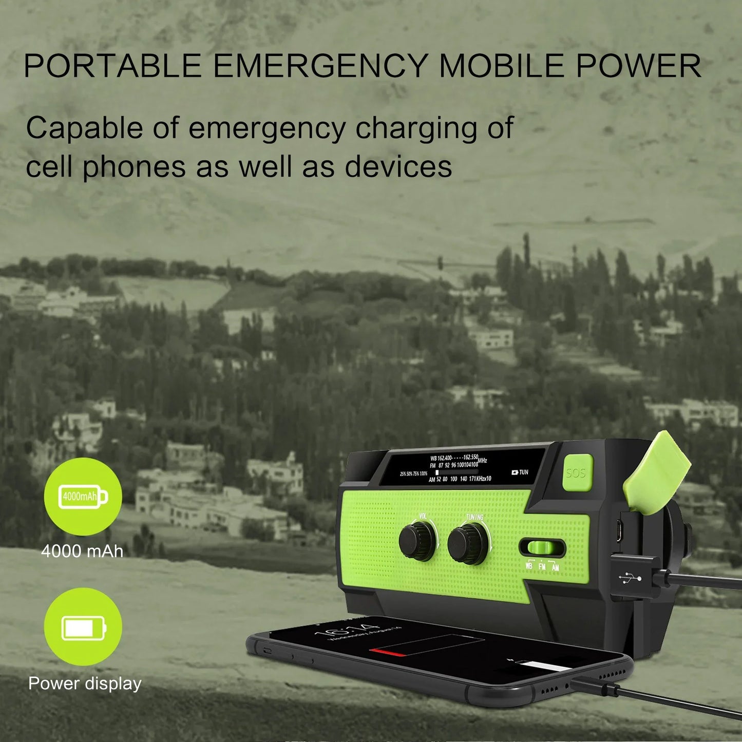 Wetterradio Notfall Multifunktionales Radio FM AM WB Handkurbel Solar USB-Ladefunktion 2000mAh Powerbank LED Taschenlampe