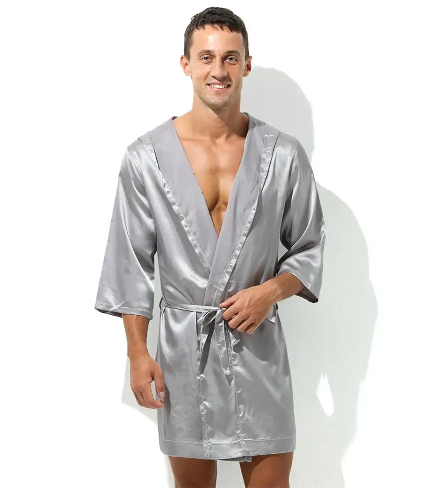 Sexy Nachtwäsche Herren Bademäntel Weich Seidig Kurzarm-Nachthemd Herren Hauskleidung Morgenmantel Herren Schlafanzug (Ohne Shorts)