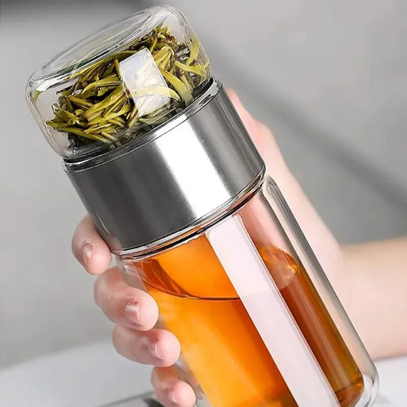 Bouteille d'eau à thé 420 ml en verre borosilicate double paroi avec infuseur pour thé, tasse à thé, gobelet, boisson avec filtre à thé