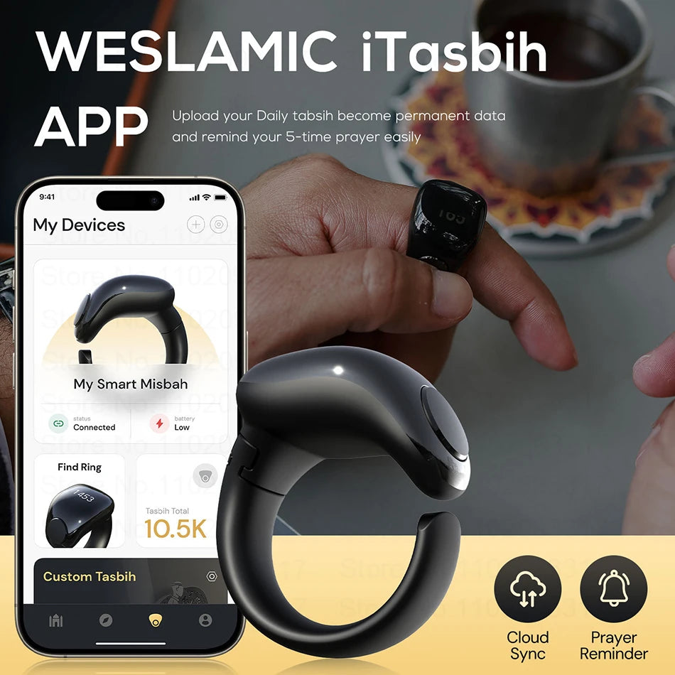 Bague de comptage Tasbeeh Zikr Weslamic – 3 tailles disponibles – Compteur numérique islamique intelligent pour la prière musulmane – Rappel de prière – Chargement magnétique