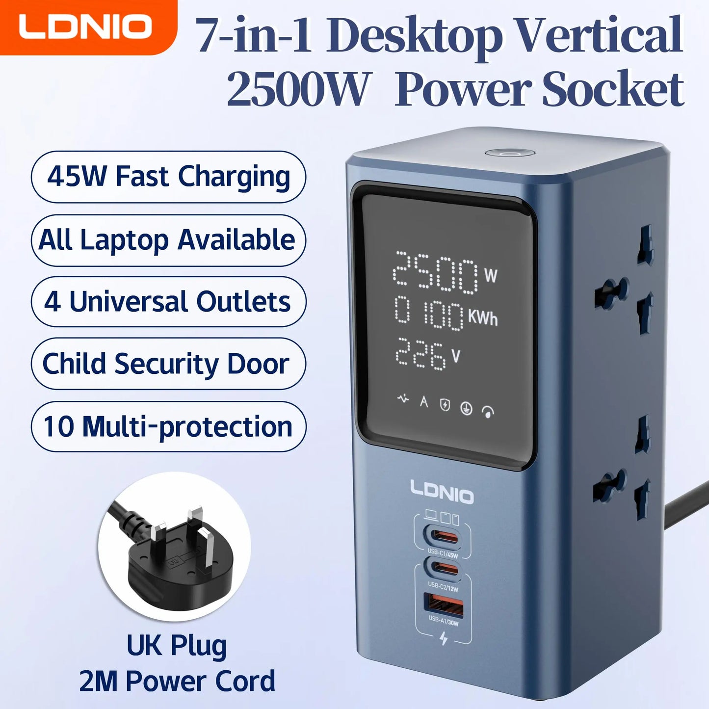 LDNIO 45W Vertikale Turm-Steckdosenleiste Mehrfach Universalsteckdosen Verlängerungskabel QC PD USB C Schnellladegerät Bildschirm UK EU US Stecker