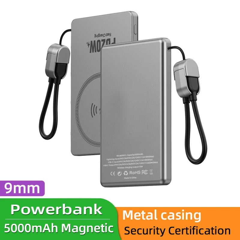 Ultra-Thin 5000mAh Portable Power Bank 20W Fast Charging Wired & Wireless Alloy Shell for iPhone