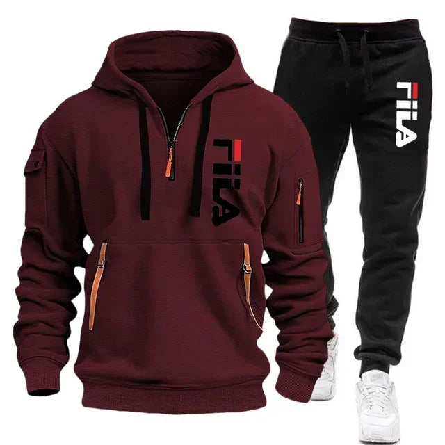 Herbst und Winter heiß begehrtes Herren-Kapuzensweatshirt + Freizeithose, zweiteiliges Outdoor-Set mit mehreren Taschen und Sporthose
