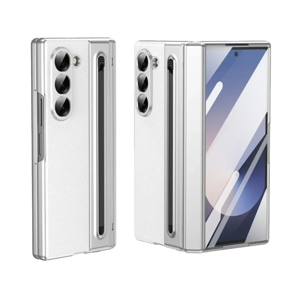 Leder mit Stahlfilm Stifthalter Handyhülle für Samsung Galaxy Z Fold 7 6 5 4 Fold7 Fold6 Scharnierschutz Stoßfeste Hülle