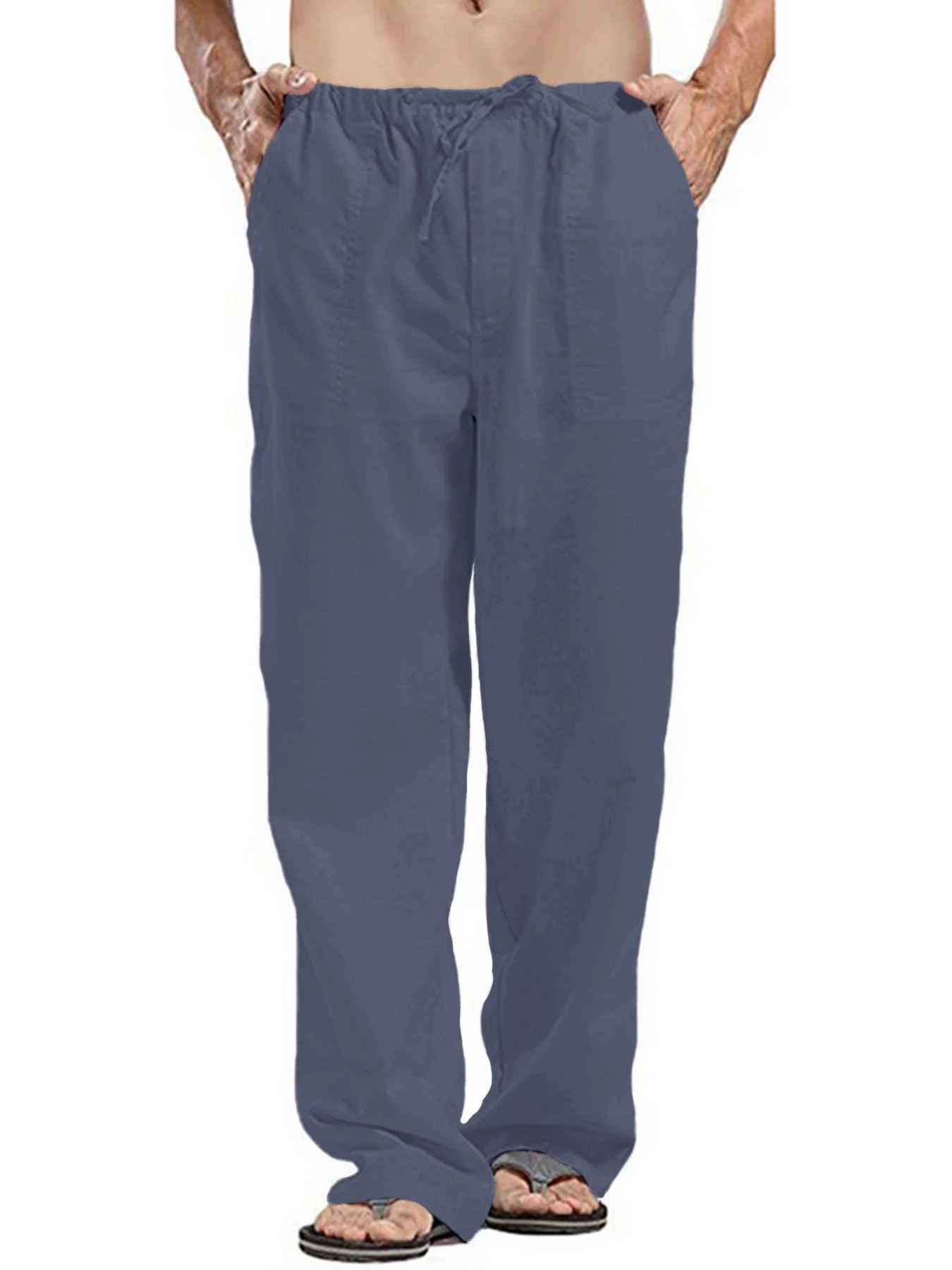 Herren Baumwolle Leinen Lange Hose Leicht Kordelzug mit Taschen Bequeme Gerade Bein Freizeithose für Sommer Strand
