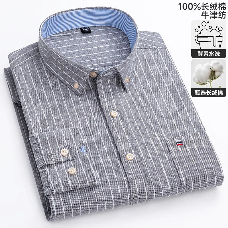 100-220 catties Plus Size Men's Shirt 100% Cotton Long Sleeve Business Casual All Oxford Spinning Plus Size Plaid Shirt
