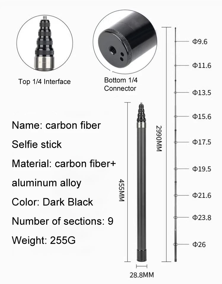 HONGDAK Monopode extensible en fibre de carbone de 3 m, édition étendue, perche à selfie invisible pour Insta360 X3 X2, trépied pour GoPro
