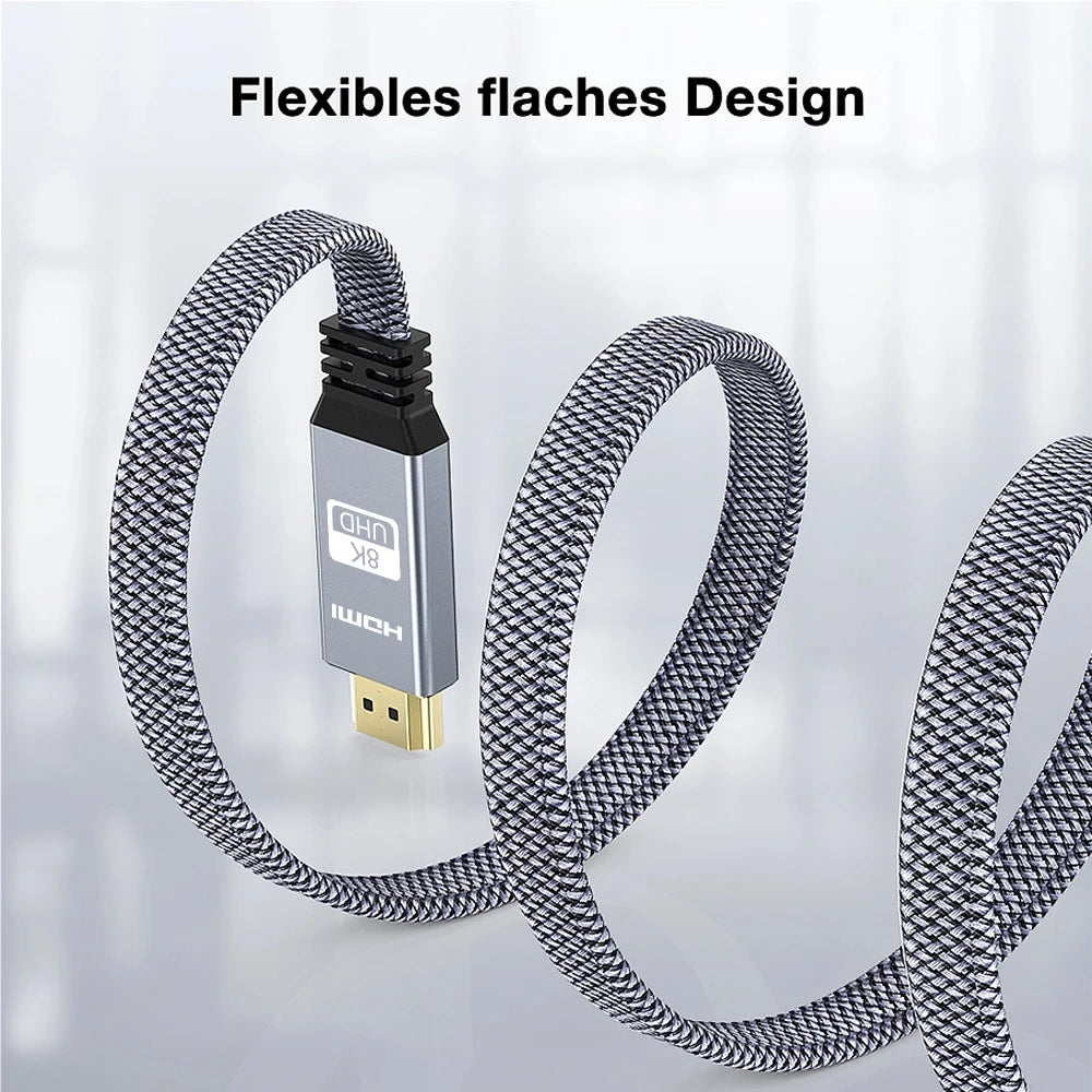 Câble HDMI plat 8K 48 Gbit/s haute vitesse 8K60 4K120 144 Hz Cordon HDMI 2.1 tressé 3D eARC HDCP 2.2 et 2.3 Compatible avec Roku TV/PS5