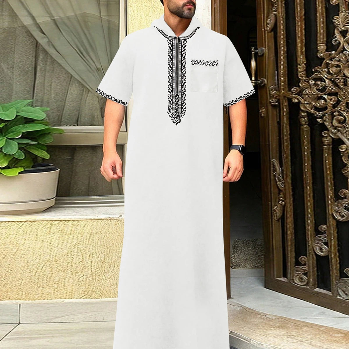 Moroccan men's thobe, long sleeve ethnic style embroidered stand collar zipper design Muslim men's fashionable Abaya Arabic fest