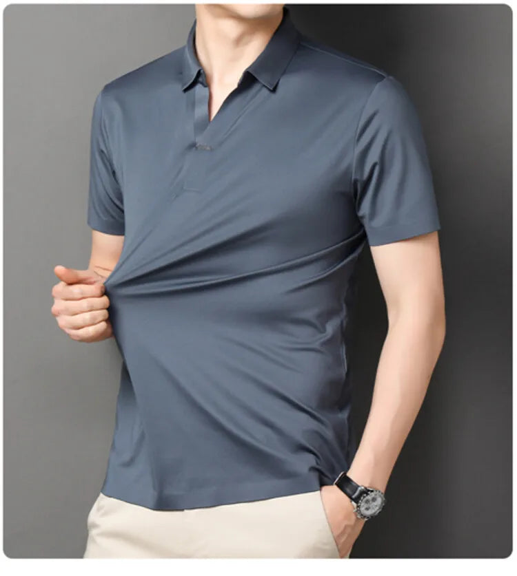 Polo 2024 de haute qualité, extensible et élastique, Chemise à manches courtes pour hommes, style décontracté, Col en V sans coutures, Polo pour hommes M-4XL