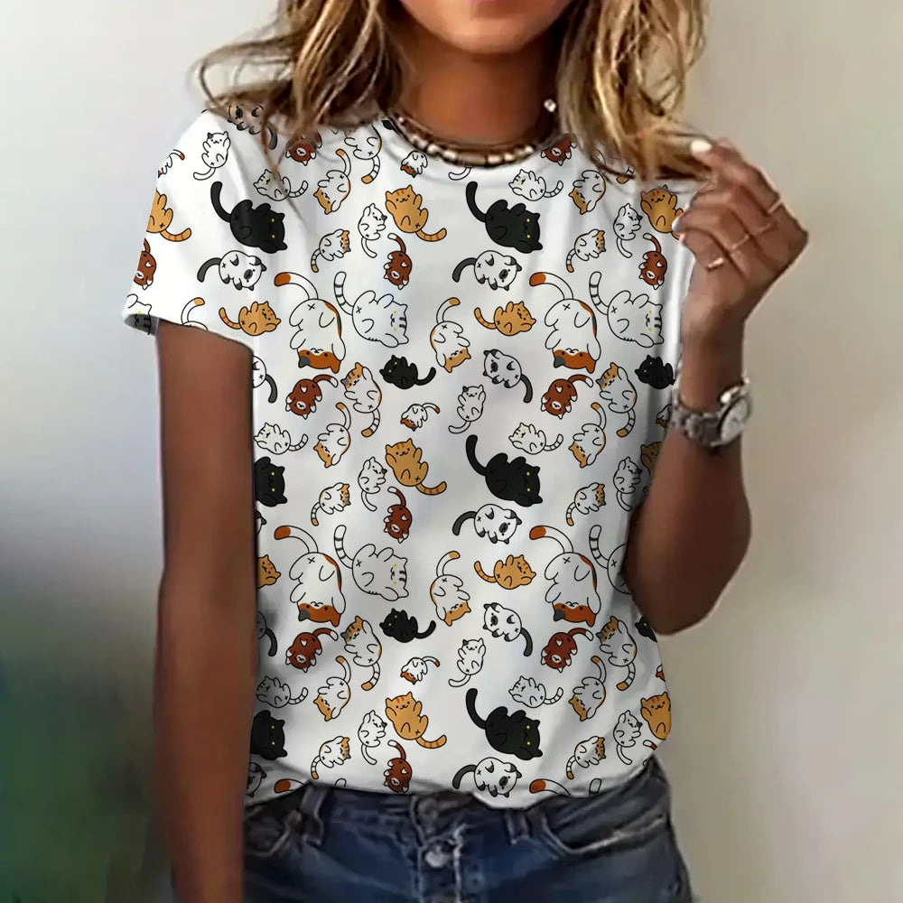 T-shirt Femme Impression 3D Chat Vêtements Été Col Rond Mode Manches Courtes Élégant Décontracté Haut Ample T-shirt Vêtements Femme