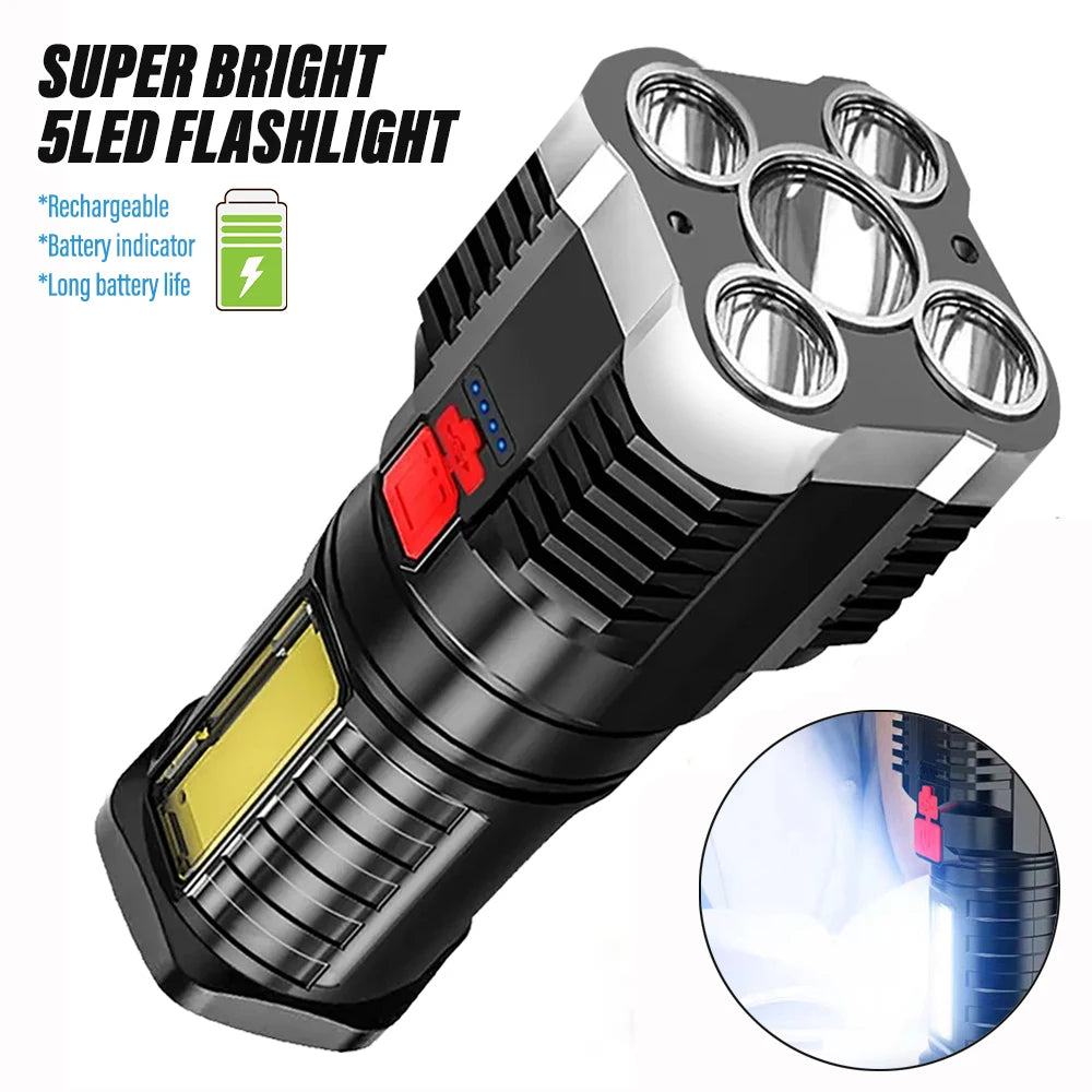 Lampe de Poche LED Haute Puissance 5 LED, Projecteur de Camping Rechargeable avec Lumière Latérale 3 Modes d'Éclairage pour Aventure en Camping en Plein Air