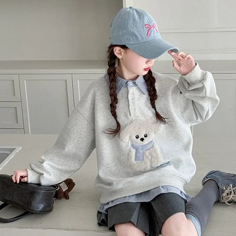 Sweatshirt Mädchen 2025 Neu Faux Zweiteiliger Polo Hoodie Frühling/Herbst Kinder Mittel-Groß Locker Sitzender Cartoon Welpen Top