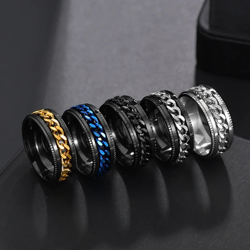 Westliche Mode Einfaches Design Drehbare Kettenring Silber Schwarz Gold Farbe Titan Stahl Ringe für Herren Damen