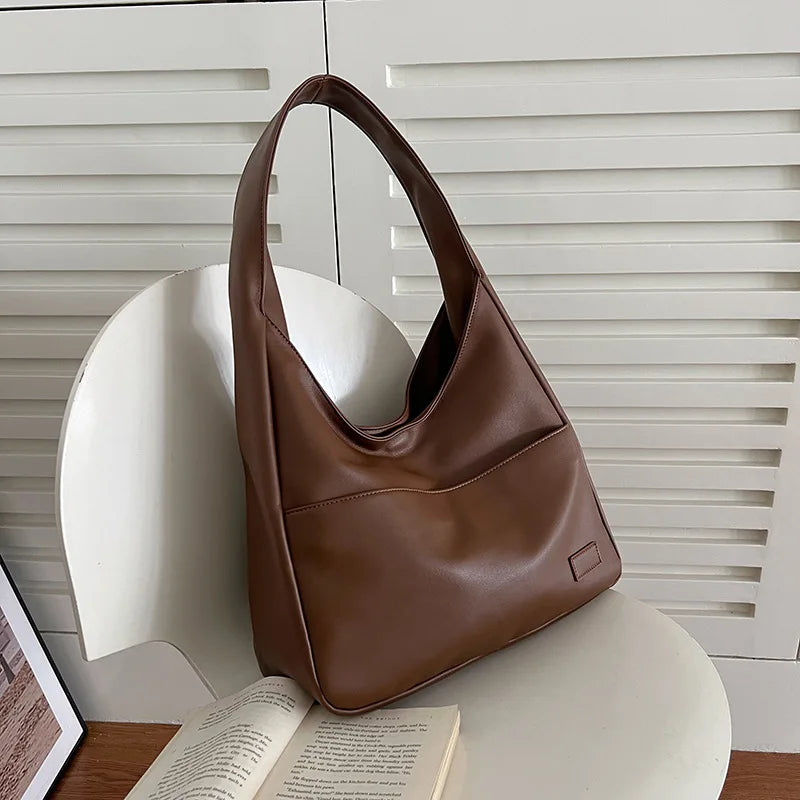 Women Hobo Bag Simple PU Leather Solid Shoulder Bag 2023 Fashion Large Capacity Handbag For School Work