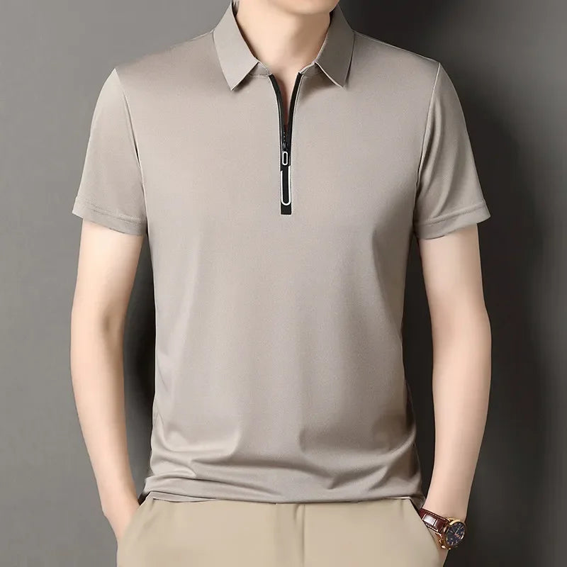 New Men's Business Casual Zipper Short Sleeve Solid Color Polo Shirt Fashionable Warm Comfortable Four Seasons Versatile Top