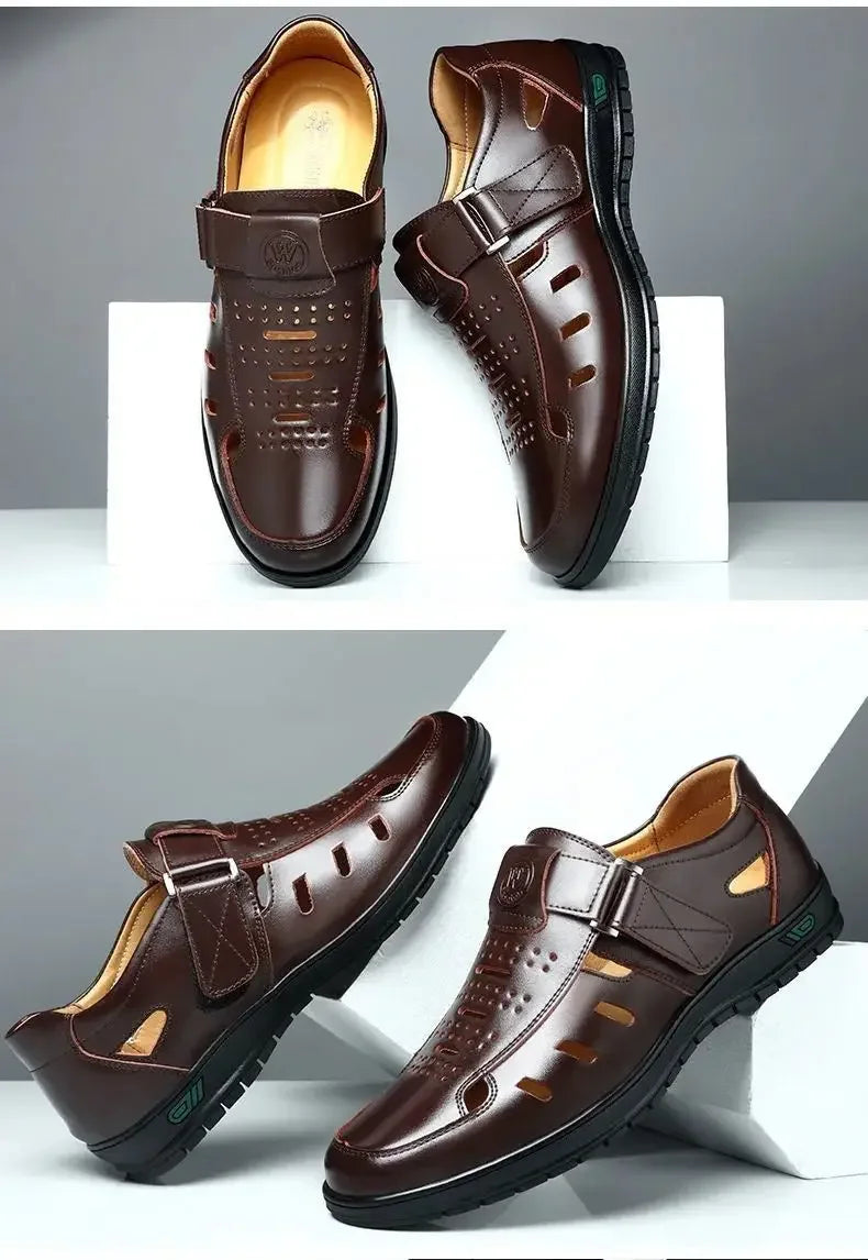 Sandales Homme en Cuir Véritable Chaussures Décontractées Respirantes d'Été pour Homme Sabots à Enfiler Extérieur Antidérapantes Faites à la Main Sandales