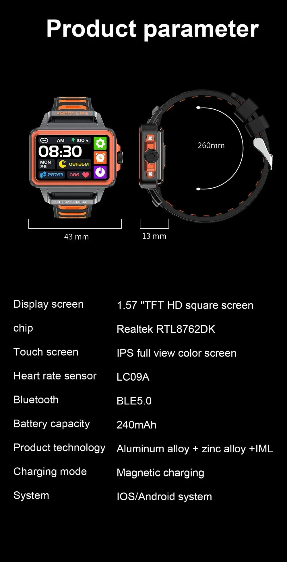 Hip-Hop-Fashion-Persönlichkeit Smartwatch 1,57 Zoll HD-Bildschirm 24h Kontinuierliche Herzfrequenz Schlafmonitor Spiel Wasserdichte Smartwatch