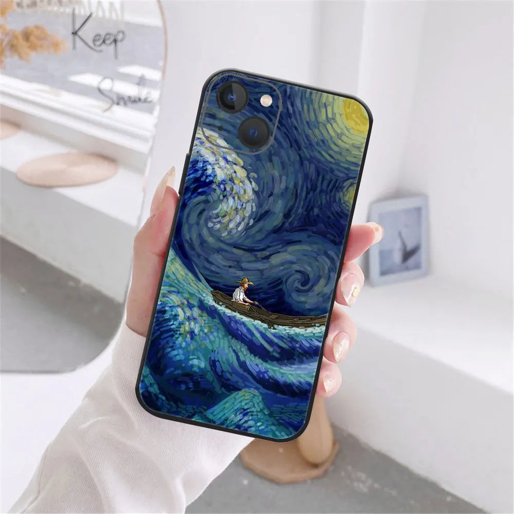 Art Van Gogh Sternenklare Sonnenblume Handyhülle für iPhone 11 12 13 14 15 16 17 Pro Max 17AIR 14 15 16 Plus Schwarze Weiche Silikonhülle
