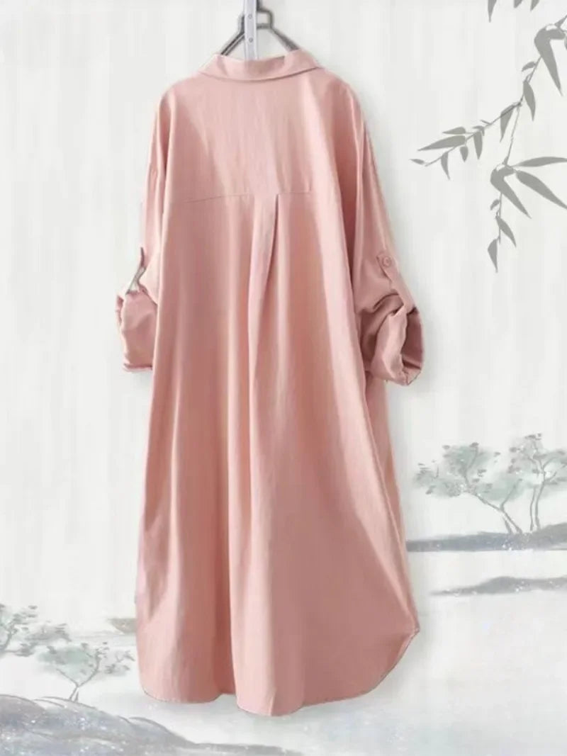 Chemisier ample grande taille respirant Chemise mi-longue coréenne décontractée Chemises d'automne Femme Chemises unies simples à manches longues
