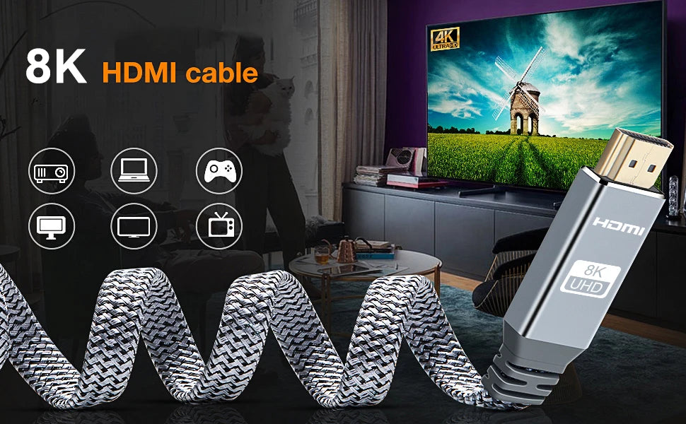 Câble HDMI plat 8K 48 Gbit/s haute vitesse 8K60 4K120 144 Hz Cordon HDMI 2.1 tressé 3D eARC HDCP 2.2 et 2.3 Compatible avec Roku TV/PS5