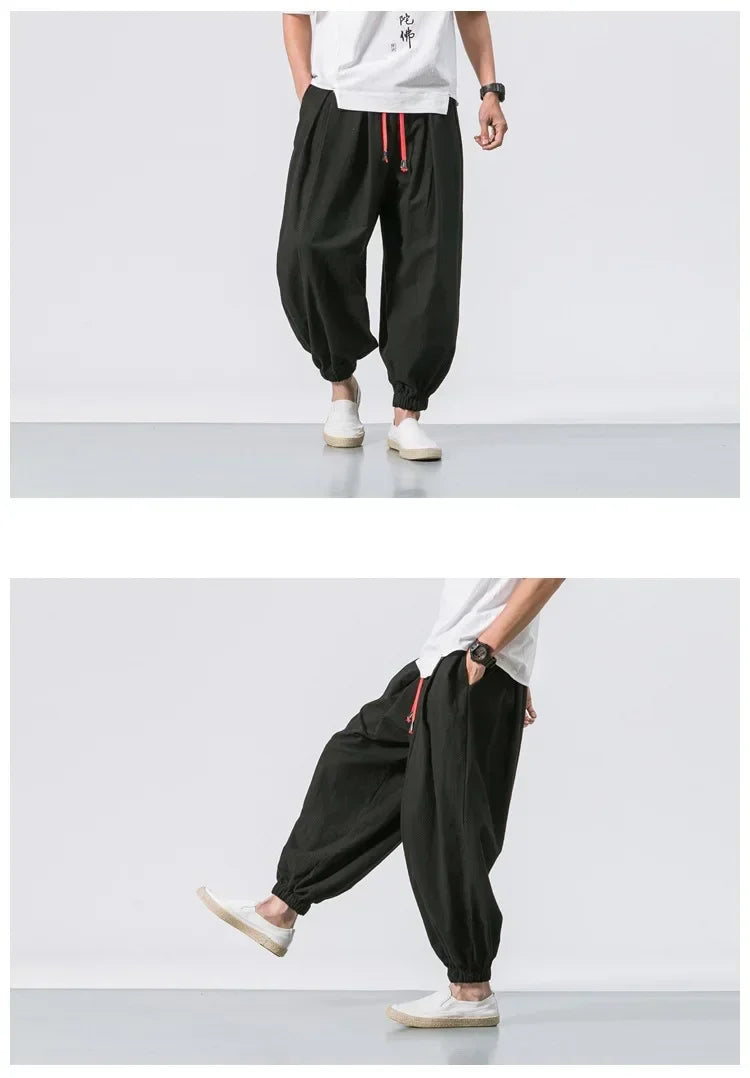 New Trendy Men Harem Pants Loose Oversized Style Cotton and Linen High Quality Jogger Sweatpants Casual Male Trousers