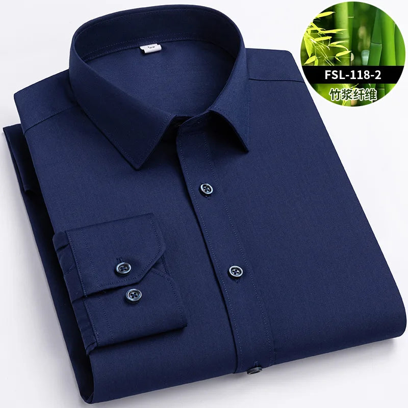 Chemise de Travail Blanche Homme en Fibre de Bambou Bleue 8XL Manches Longues Bureau Affaires Anti-rides Infroissable Décontractée