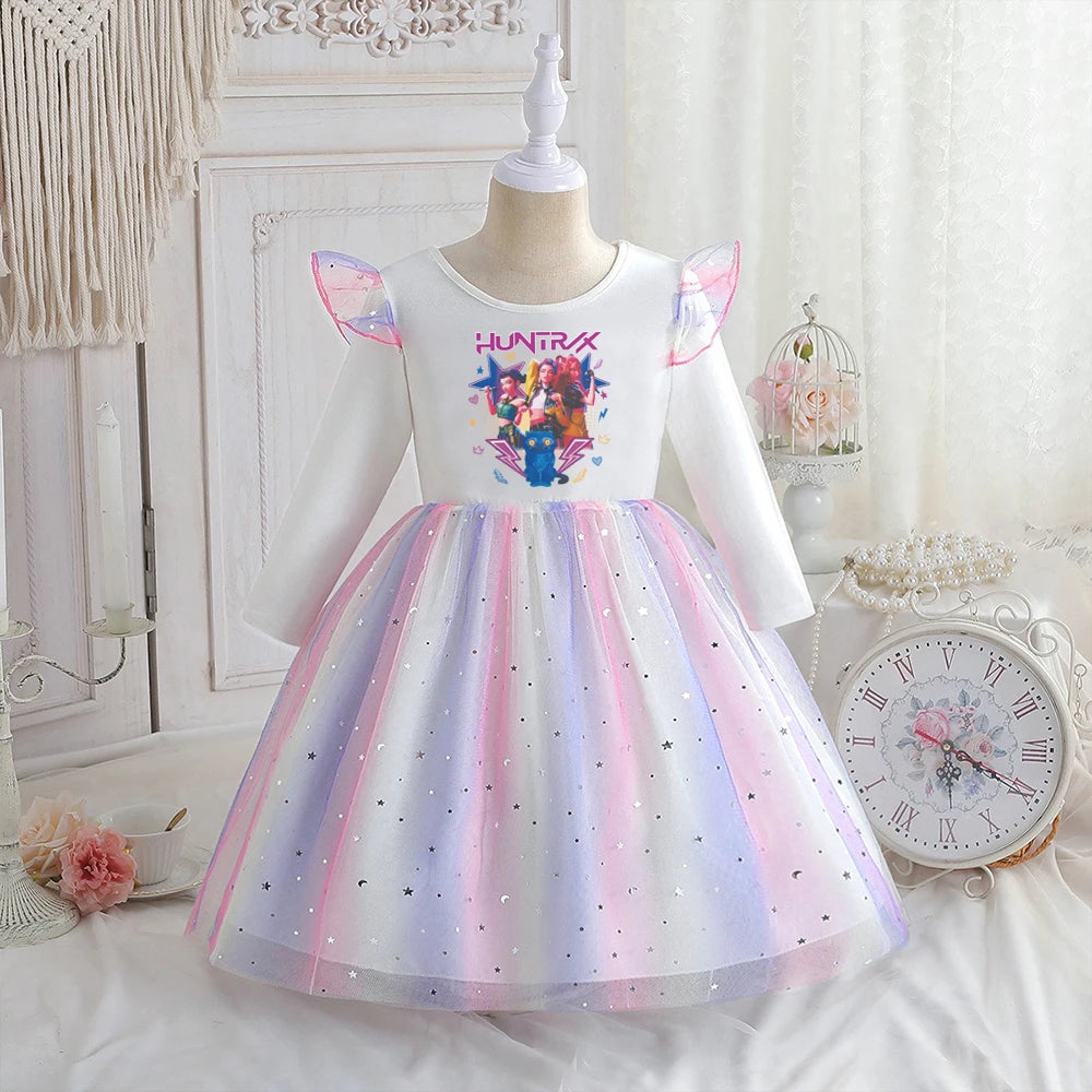 Kpop Demon Hunters Vêtements Enfants Robe de Princesse Manches Longues Printemps Robe Bébé Filles pour Fête d'Anniversaire Arc-en-ciel 2-8 Ans