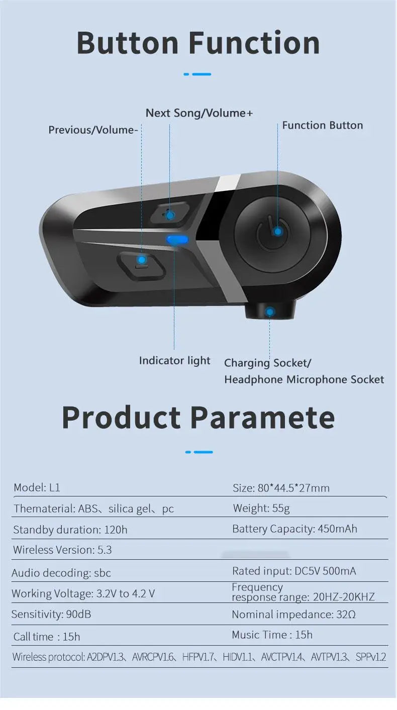Casque de moto sans fil Bluetooth 5.3, appels mains libres, téléphone, écouteurs de moto étanches, lecteur de musique, casque de moto