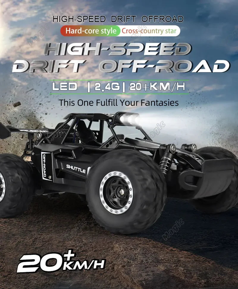 DK087 Voiture RC Tout-terrain 20KM/H 2WD Télécommandée 1:16 Coque Métal Phares LED Voiture Jouet RC pour Cadeaux