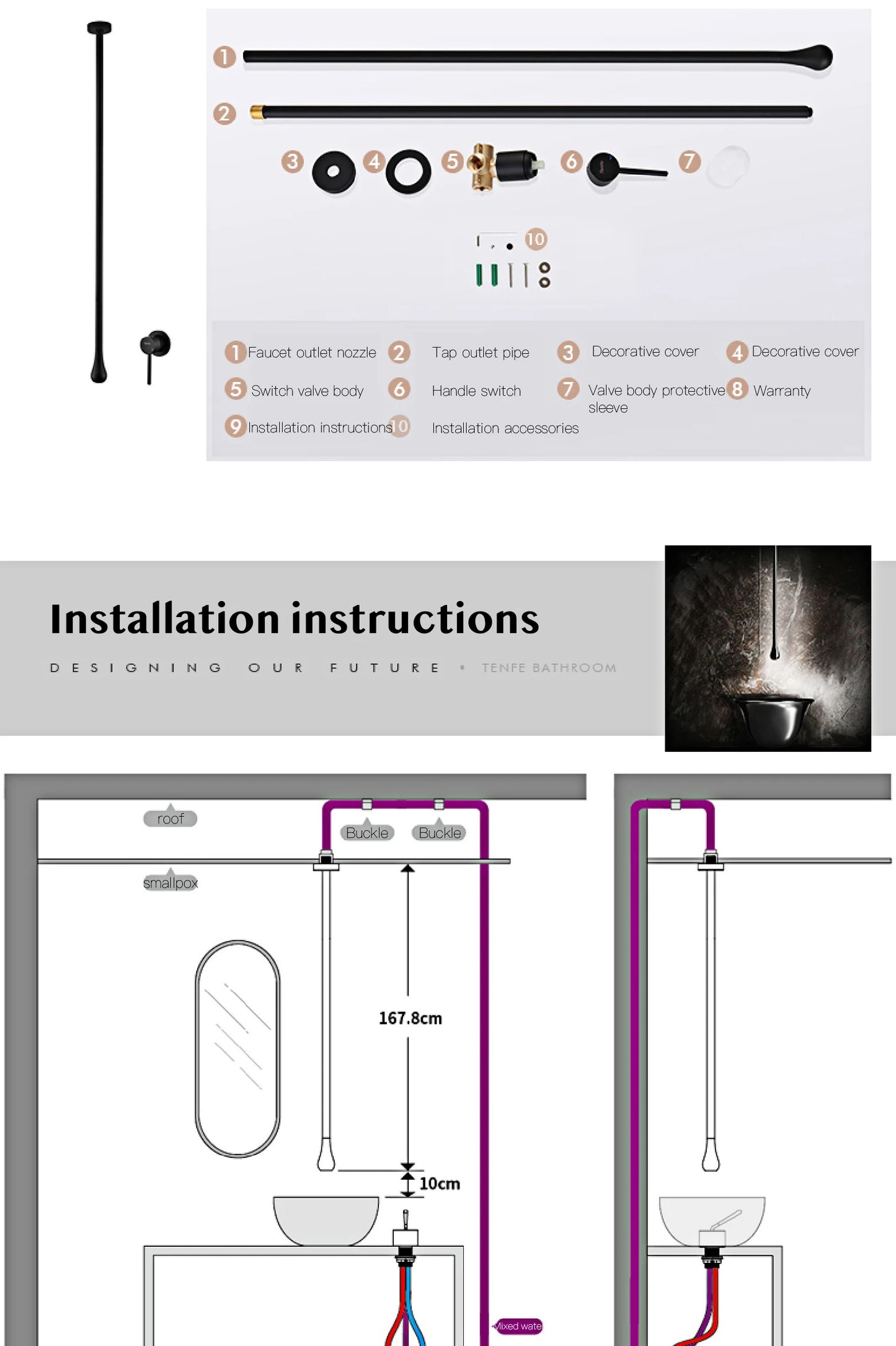 Luxuriöse, hochwertige schwarze Messing-Badarmatur für Deckenmontage, Einhebelmischer, Kalt- und Warmwasser, für Waschbecken und Badewanne
