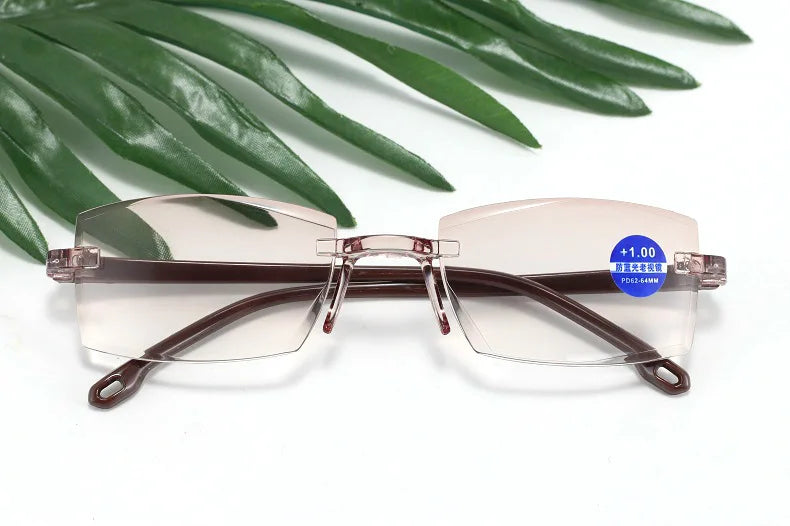 Lunettes de lecture anti-lumière bleue pour femmes, monture sans bords à découpe diamantée, pour hommes, anti-fatigue, hypermétropie, presbytie +1,5