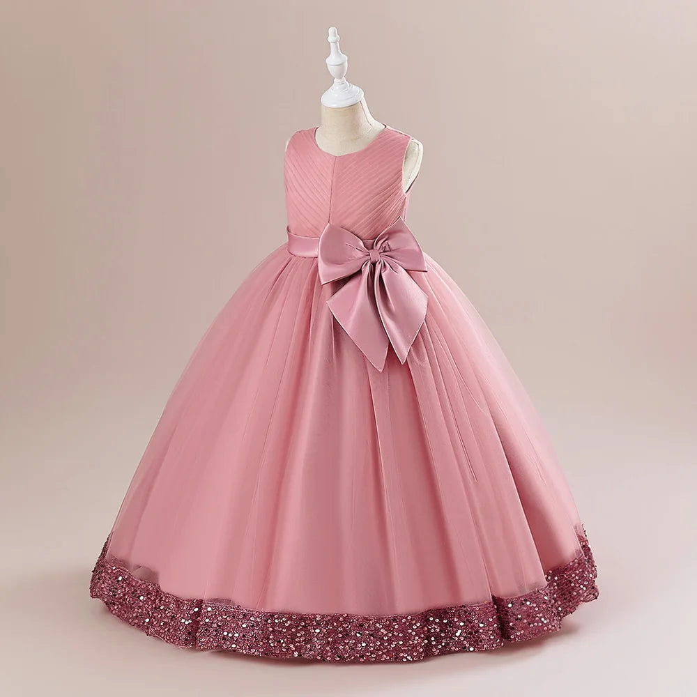 Fluffy Pailletten Brautjungfern Prinzessin Mädchenkleid Elegante Schleife Rosa Hochzeit Abschlussball Abend Kinder Partykleider für Mädchen Geburtstagskostüme