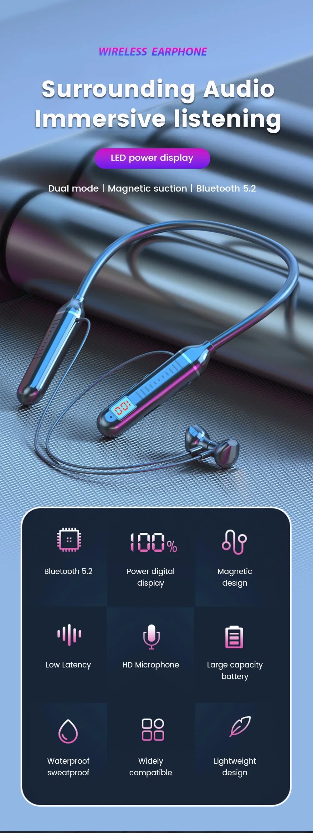 Kabellose Ohrhörer 5.3 Nackenbügel-Kopfhörer Gaming LED-Display Stereo Sport-Headset Halterung Wasserdichte Magnetische Ohrhörer