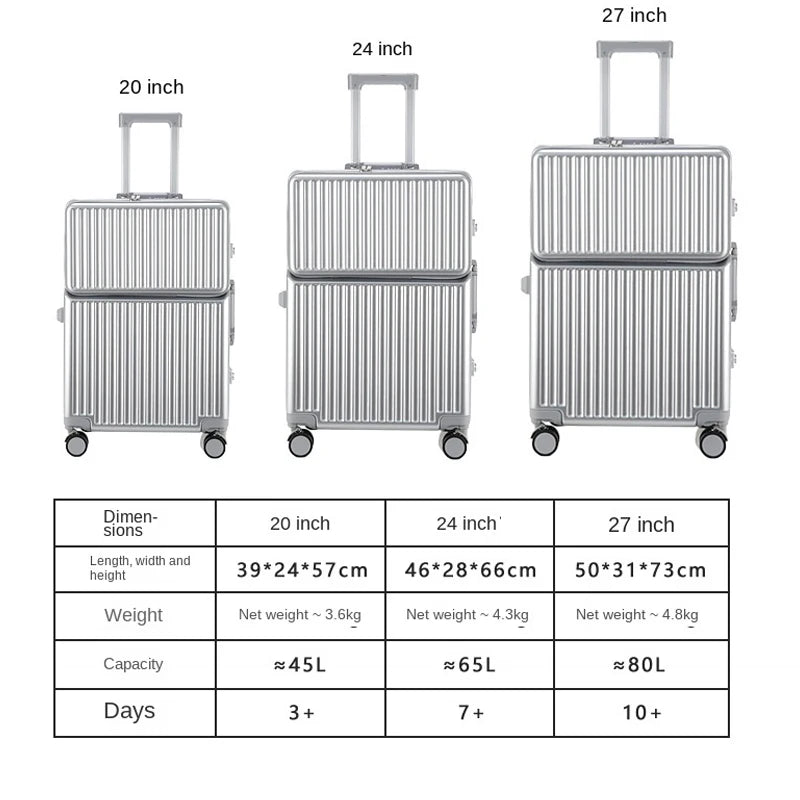Neuer Koffer Aluminiumrahmen Frontöffnung Laptoptasche Multifunktionale Reisekoffer 20 Zoll Kabinengepäck Rollkoffer