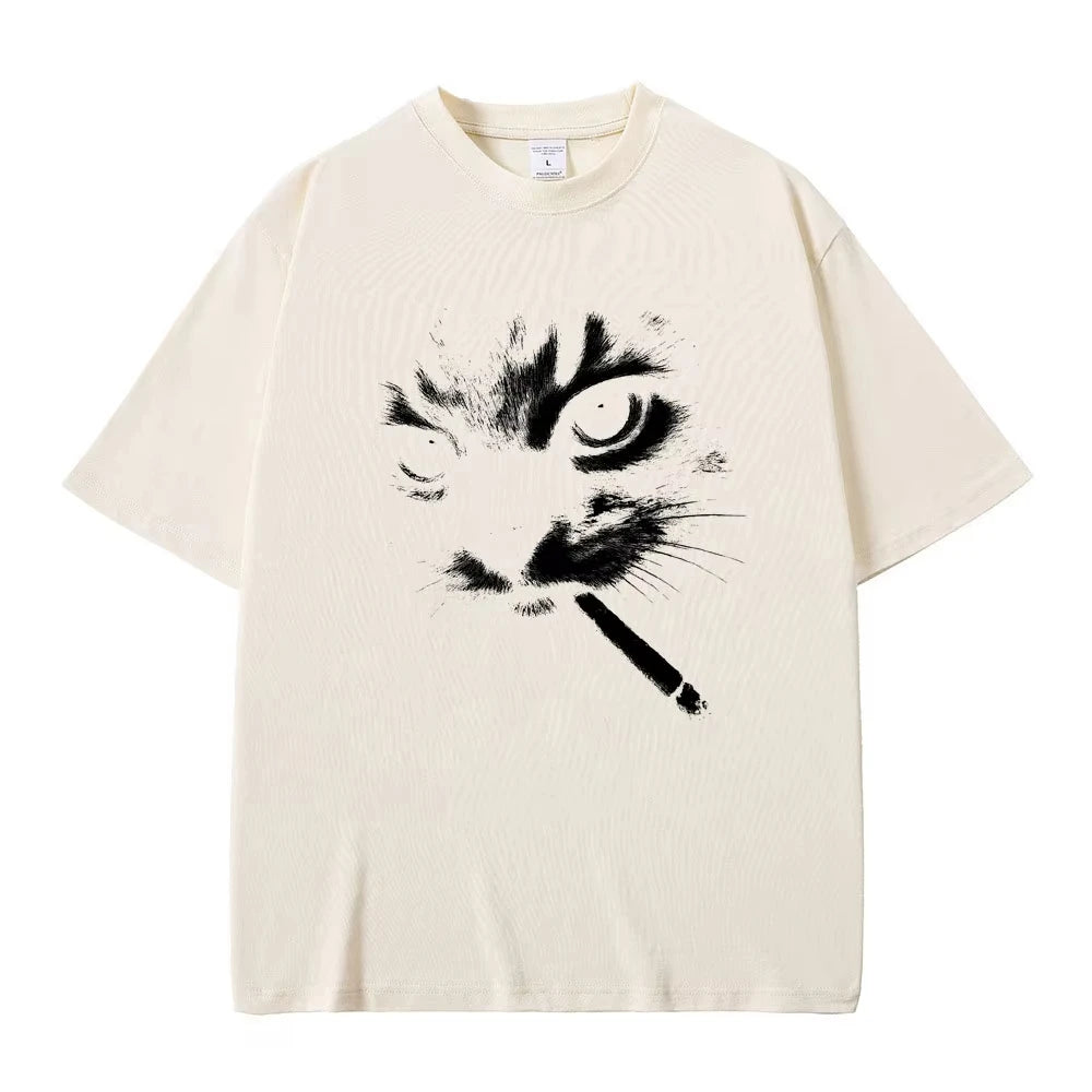 Funny Meme Smoking Cat Face Graphic T-shirts Men Women Casual Cotton Vintage T Shirts Men's Oversized T-shirts Cats Lovers Gifts