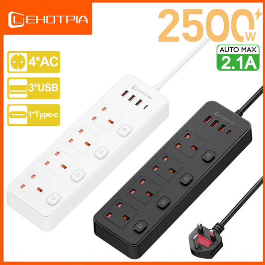 UK-Stecker AC-Steckdosenleiste Individueller Schalter 1,8 m Verlängerungskabel Mehrfachsteckdose mit 3 USB- und 1 Typ-C-Anschlüssen Ladenetzwerkfilter