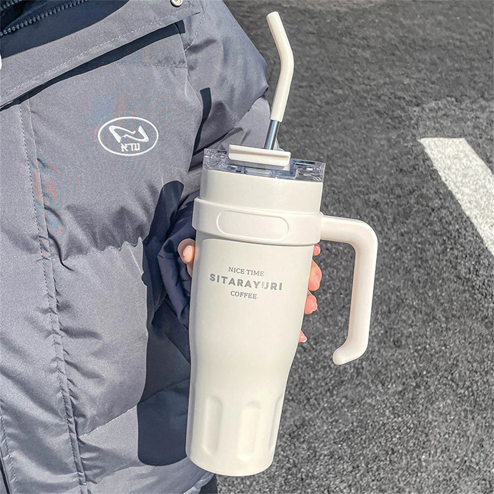 1 Stück Edelstahl-Eisbecher 1,14 Liter Isolierbecher mit Griff und Strohhalm Hält 24 Stunden kalt Auto-Isolierbecher Kaffee Wasser