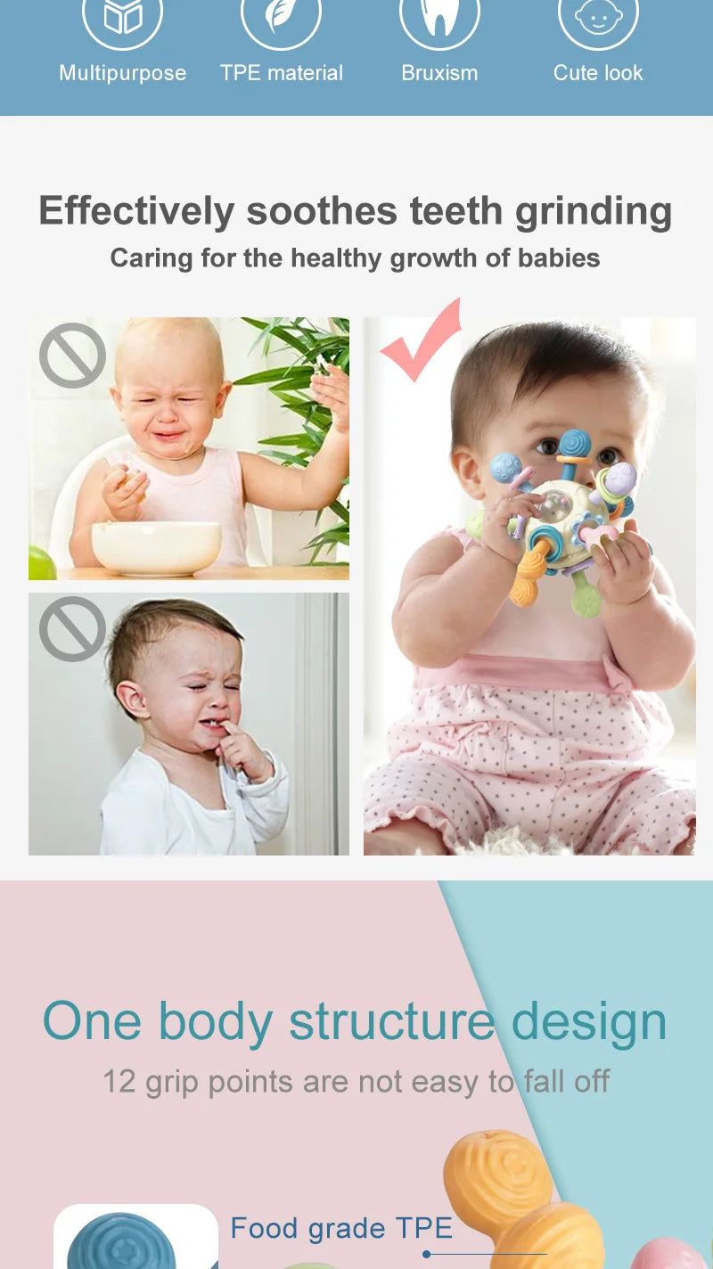 Jouets Bébé 0-12 Mois Hochet Balle Rotative Jouet d'Activité à Saisir Jouet de Développement Bébé Anneau de Dentition en Silicone Jouets Sensoriels Bébé pour Bébés