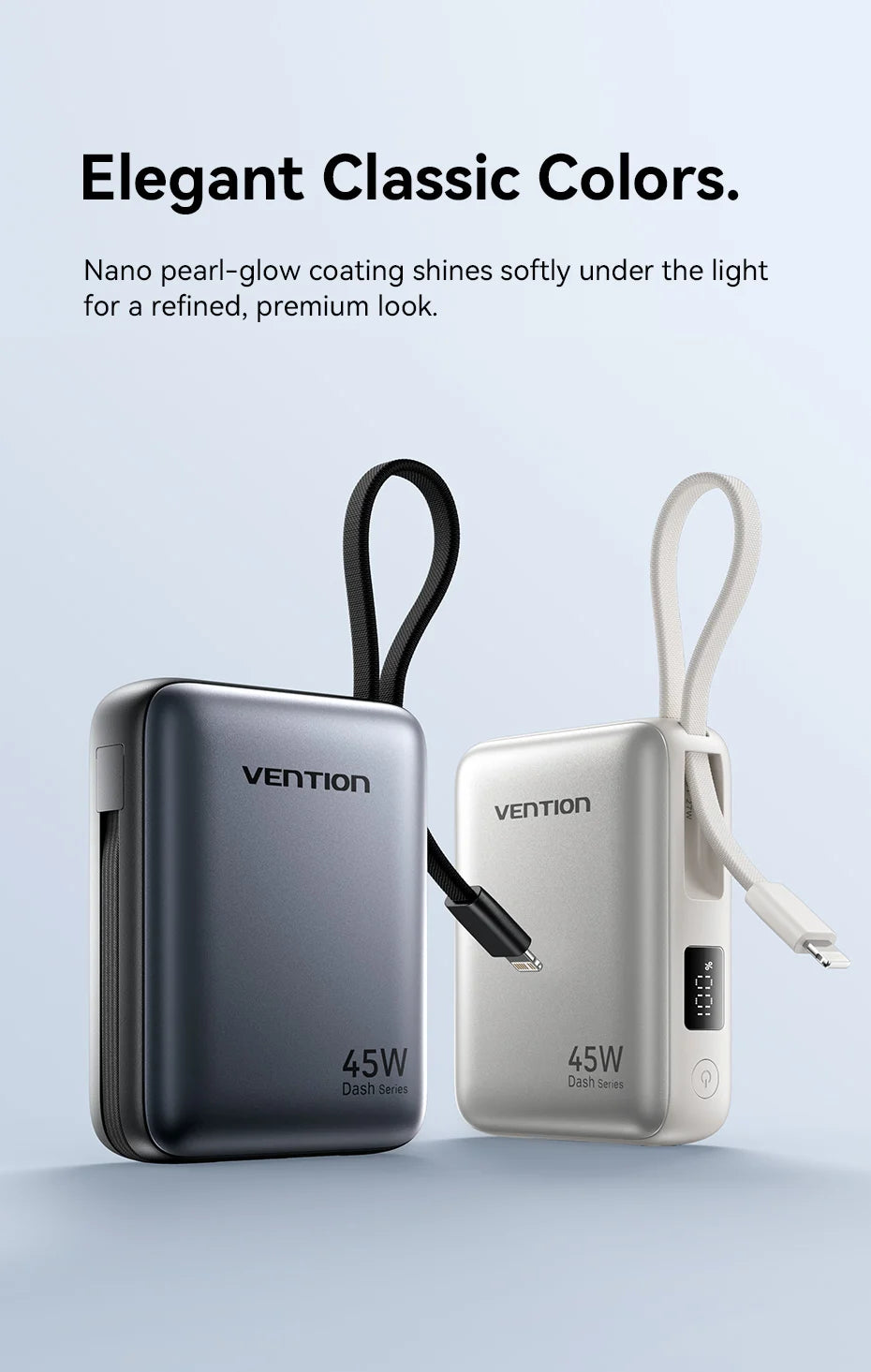Vention 45W 10000mAh Powerbank mit integriertem USB-C- und Lightning-Kabel, tragbare Powerbank für iPhone 17 16 Samsung S26 S25 Xiaomi Poco