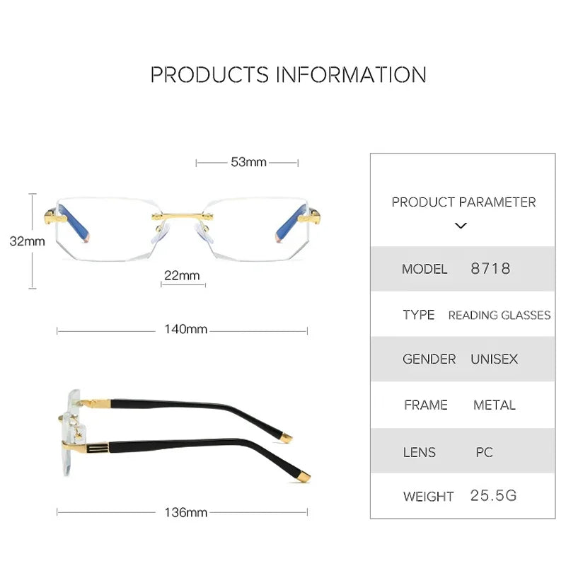 Herren quadratische Lesebrille Business HD-Gläser Randlose Brille Damen Trendige Presbyopie Korrektionsbrille +1.0 bis +4.0
