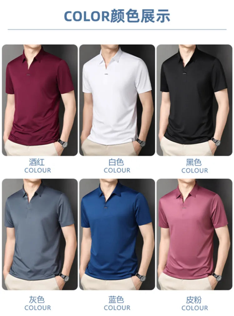 Polo 2024 de haute qualité, extensible et élastique, Chemise à manches courtes pour hommes, style décontracté, Col en V sans coutures, Polo pour hommes M-4XL