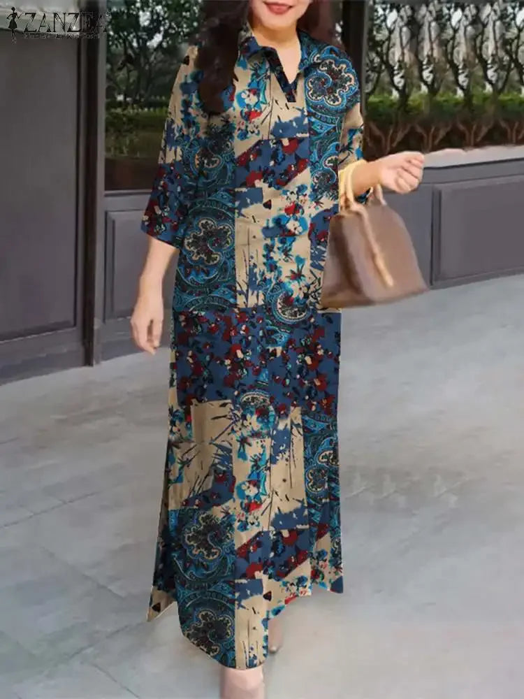ZANZEA Robe longue à manches 3/4 pour femme, collection automne 2024, robe-chemise en coton avec col à revers, imprimé floral vintage, robe longue, nouveauté