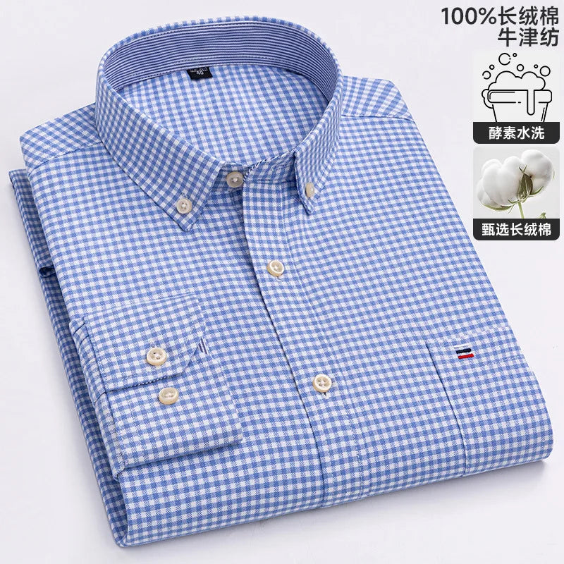 100-220 catties Plus Size Men's Shirt 100% Cotton Long Sleeve Business Casual All Oxford Spinning Plus Size Plaid Shirt