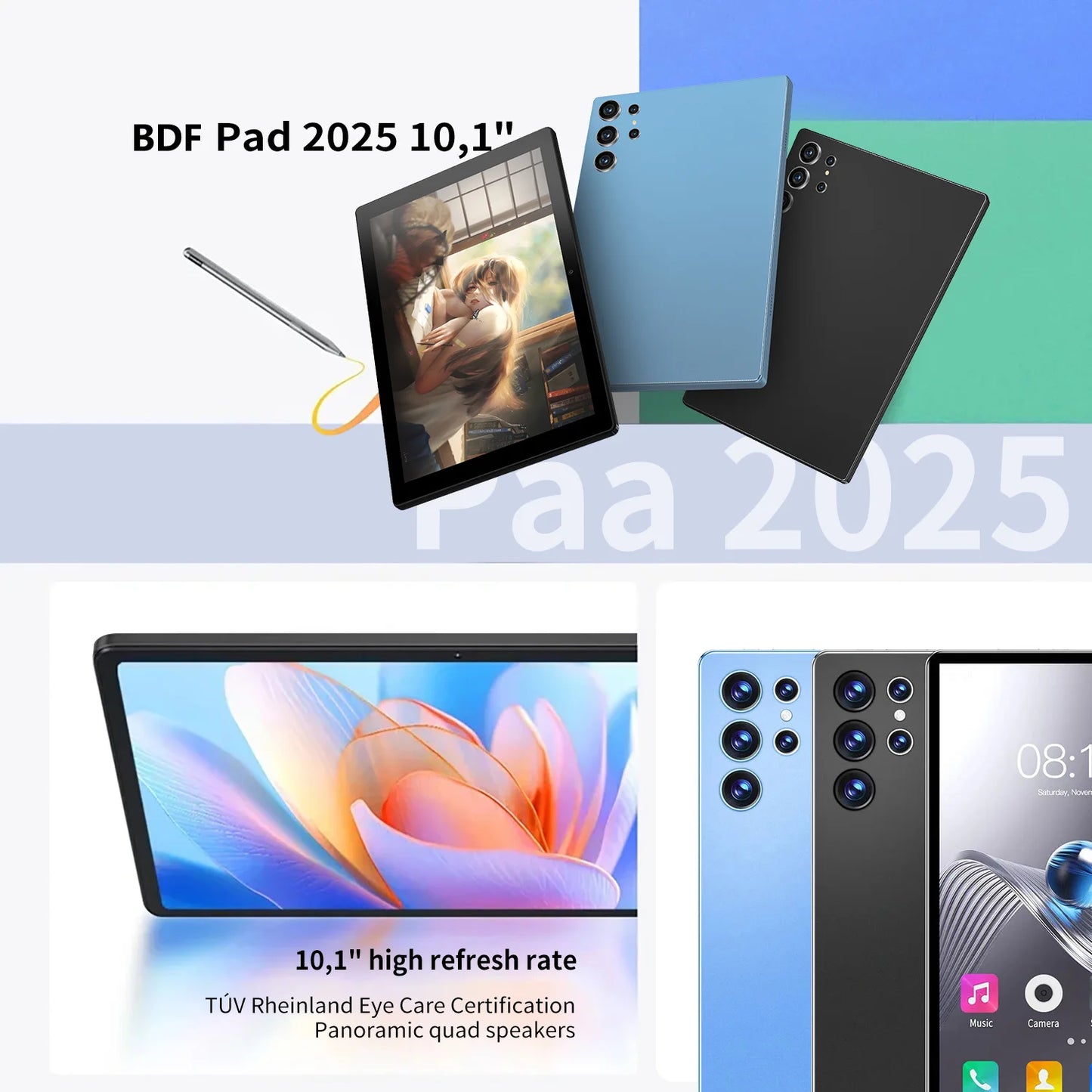 Tablette Android 10,1 pouces 2025, nouvelle version améliorée, écran HD, Octa Core, 4 Go RAM, 64 Go ROM, double appel téléphonique, Wi-Fi, Google Play Tablet PC