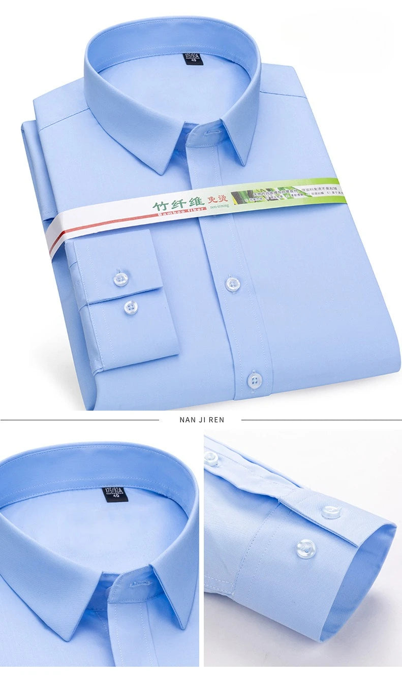 Chemise de Travail Blanche Homme en Fibre de Bambou Bleue 8XL Manches Longues Bureau Affaires Anti-rides Infroissable Décontractée