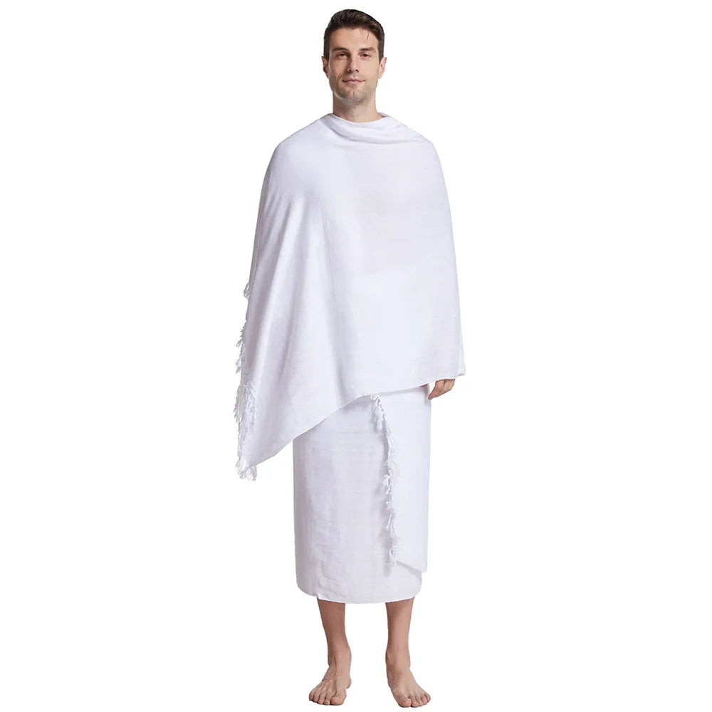 2 Stück Ihram-Pilger-Handtuch für muslimische arabische Mekka Hadsch-Kleidung Männer islamische Ramadan-Gebets-Gottesdienst-Kostüme Schal Jubba Set Thobe
