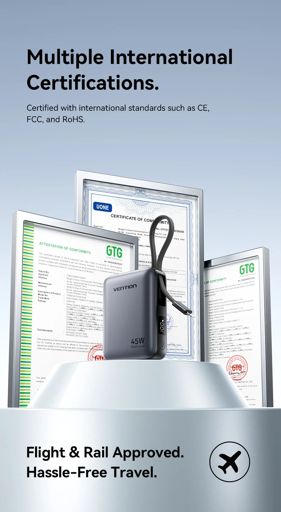 Vention 45W 10000mAh Powerbank mit integriertem USB-C- und Lightning-Kabel, tragbare Powerbank für iPhone 17 16 Samsung S26 S25 Xiaomi Poco