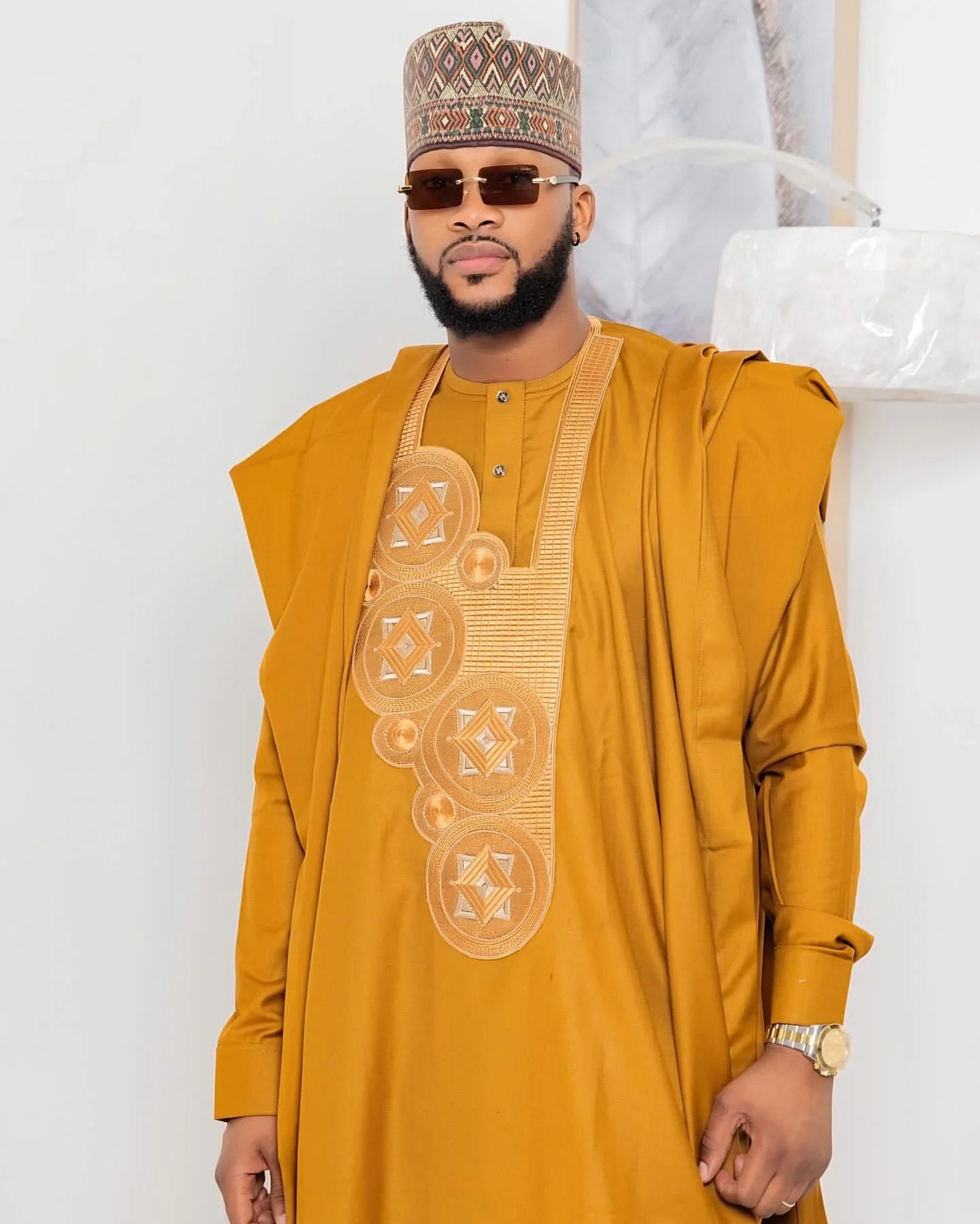 Vêtements Africains Homme Traditionnel Bazin Riche Broderie Haut Manches Longues Ensemble 3 Pièces