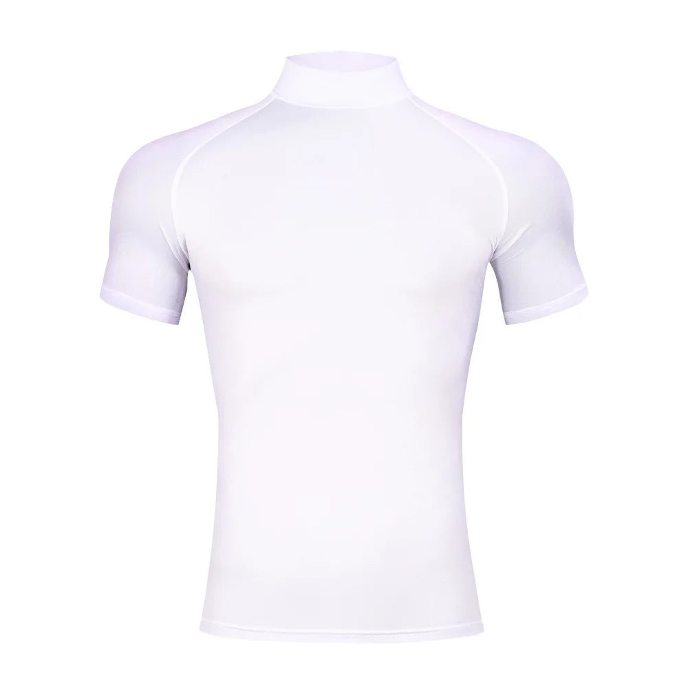 T-shirt de sport moulant pour homme - Musculation - Compression - Col roulé - Manches courtes - Gym - Fitness - Course à pied - Séchage rapide - Haut d'entraînement pour homme